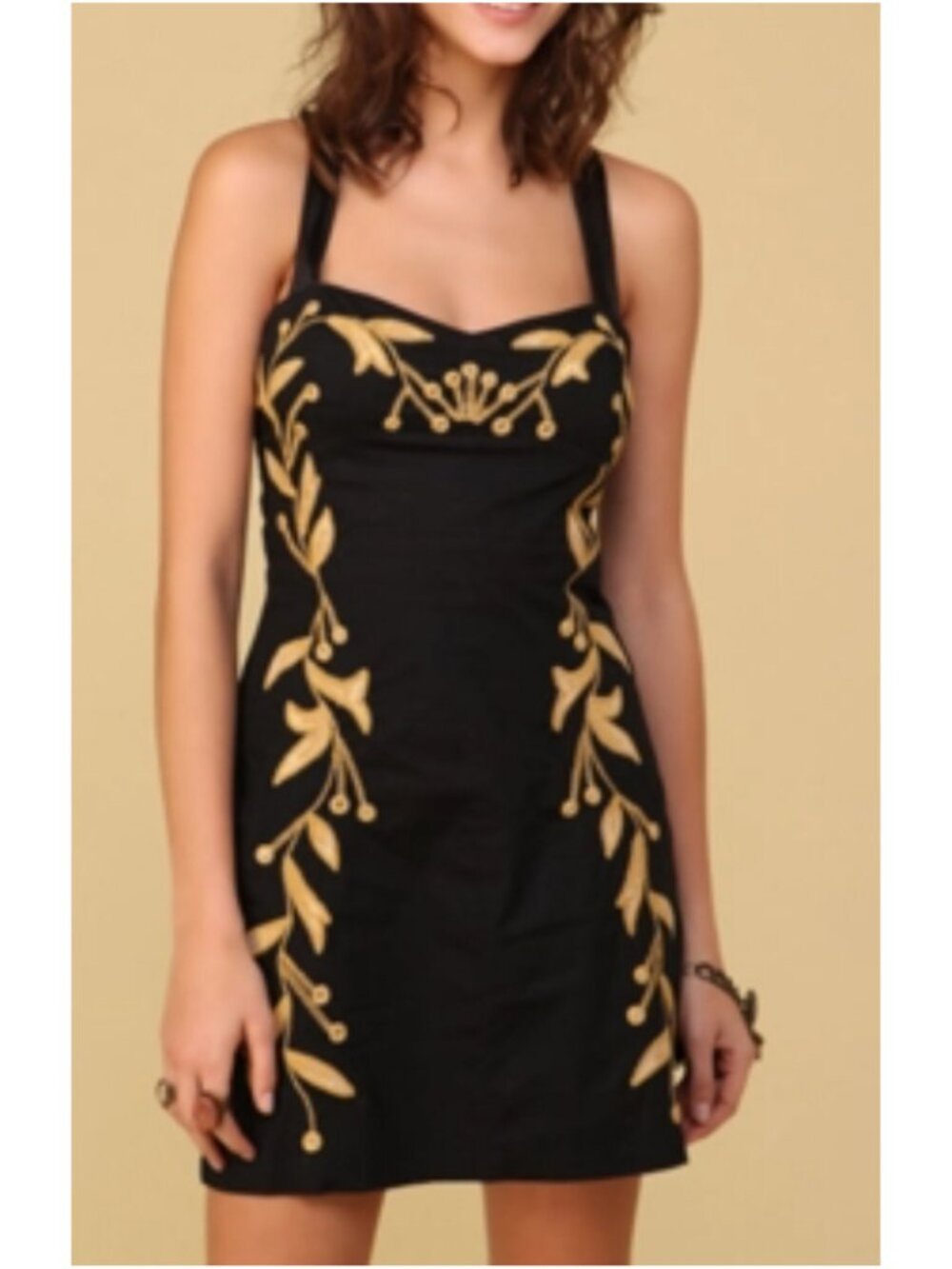 Free People Leaf Motif Mini Dress. Size 4. Black Mini Dress with Gold Embroidery